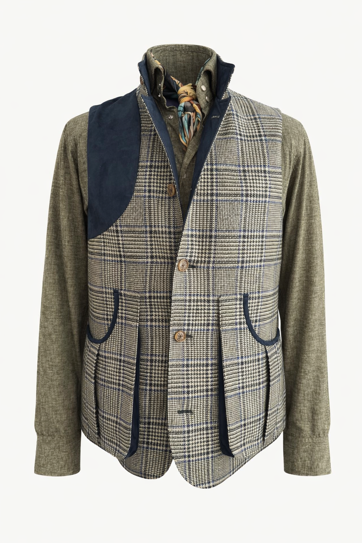 Nehru Green Glenplaid Shooting Vest, Spain