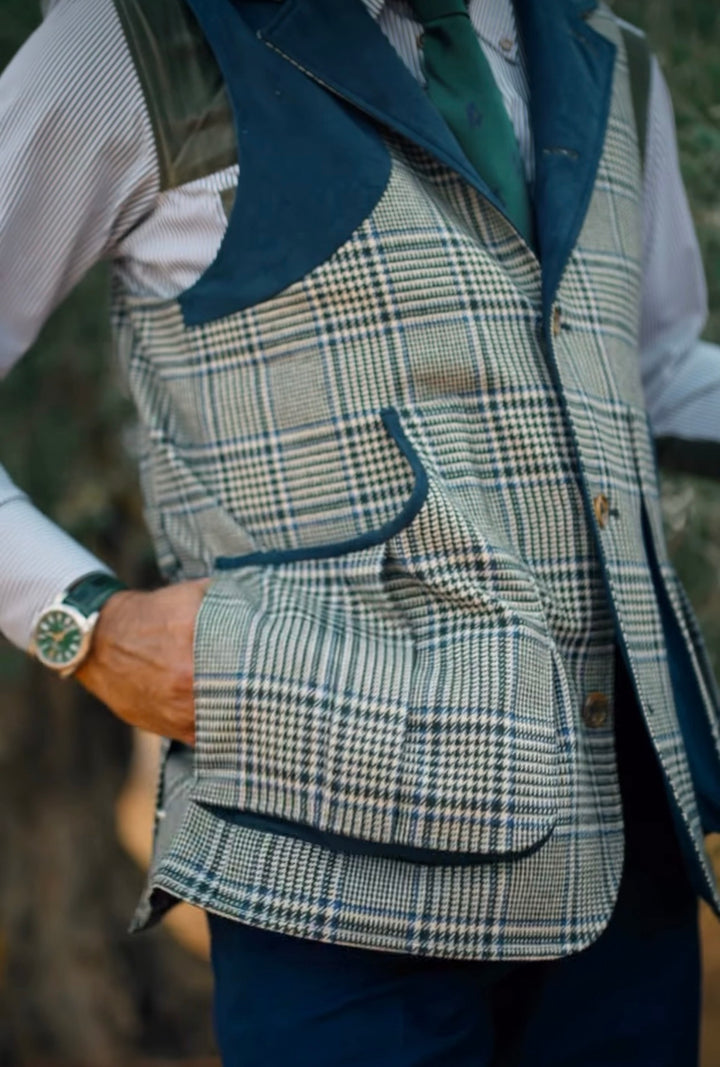 Nehru Green Glenplaid Shooting Vest, Spain