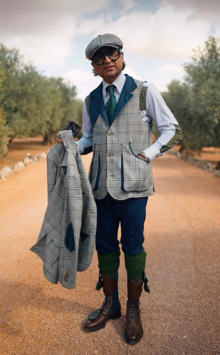 Nehru Green Glenplaid Shooting Vest, Spain